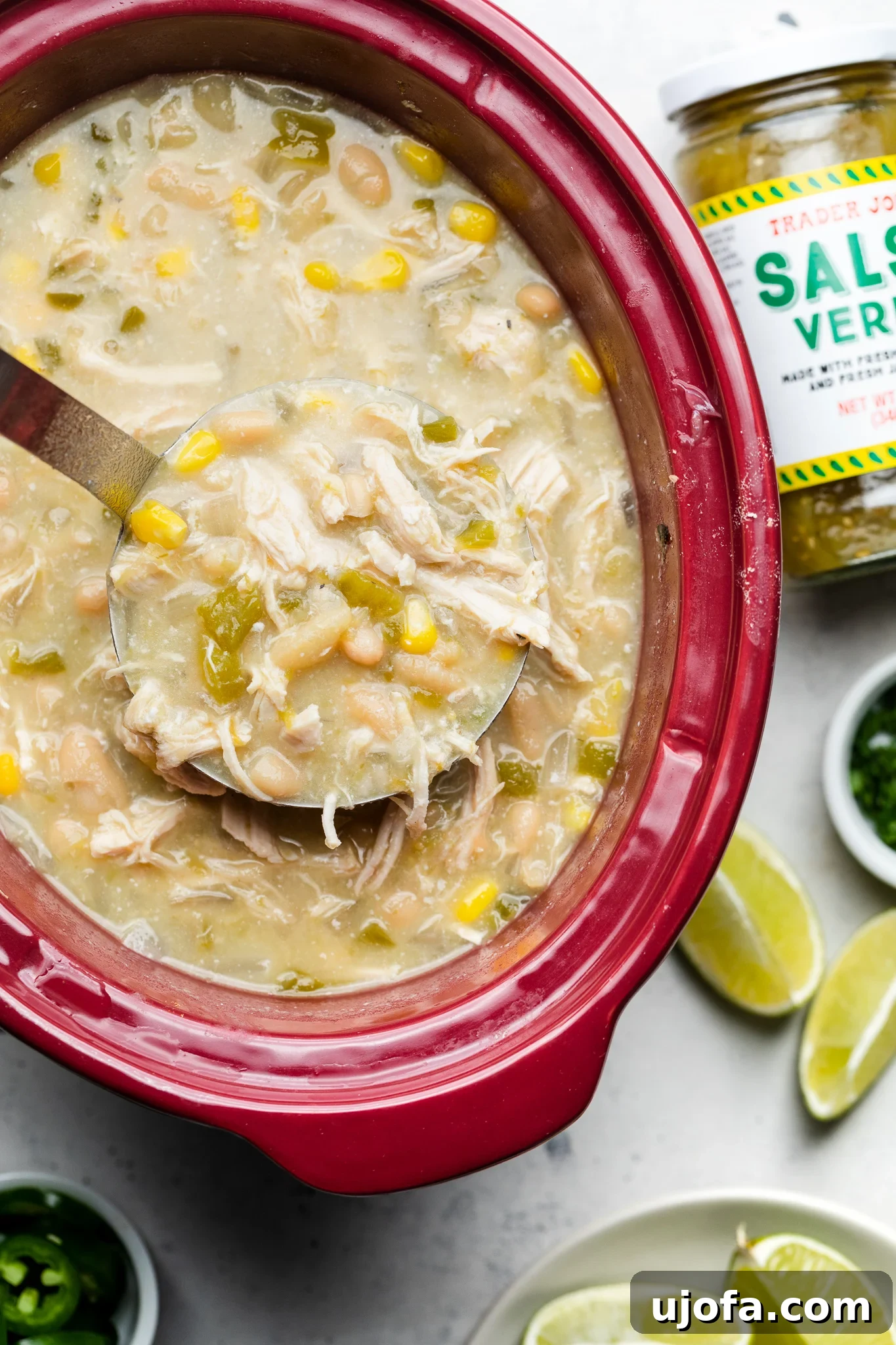 Effortless Velvety Green Chicken Chili Soup 4 A ladle resting inside a slow cooker filled with creamy green chicken chili soup, ready to be served.