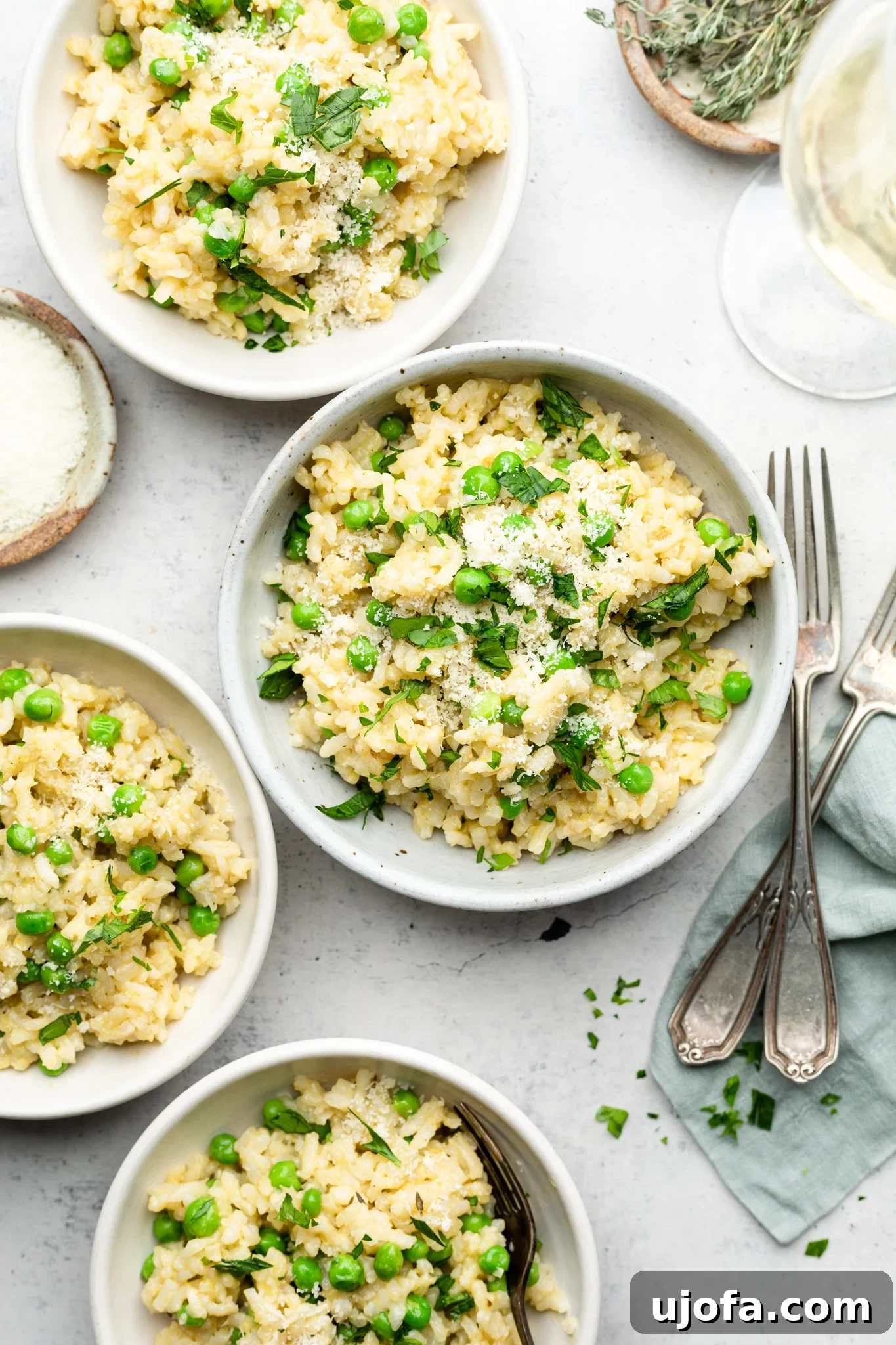 three bowls of gluten free risotto with peas