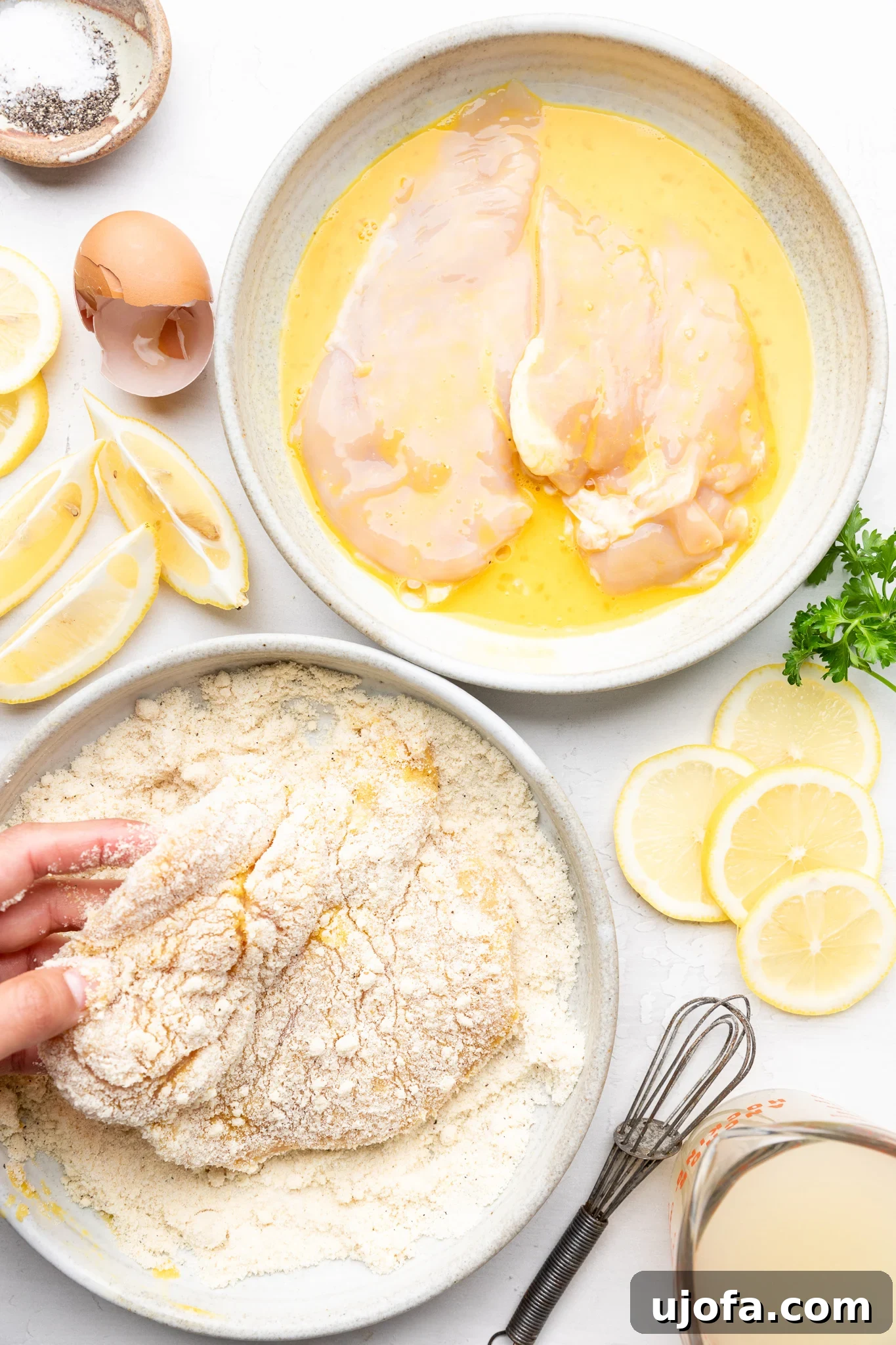 a hand dipping a chicken breast into an almond flour spice mixture after being dipped in egg