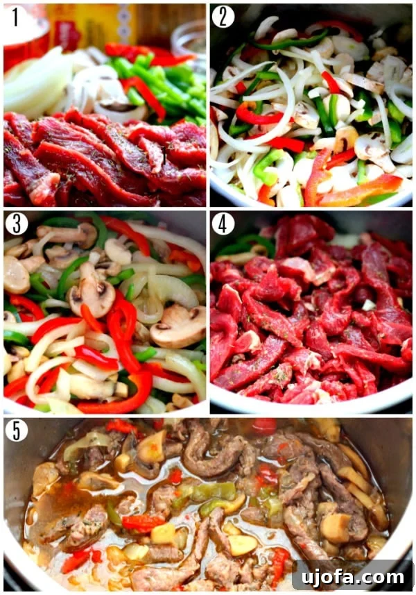 Fork-Tender Instant Pot Steak Sandwiches 4 instant pot steak sandwich photo college recipe steps 1-5, showing the beef being sliced, vegetables being sautéed, and mixture in the Instant Pot.