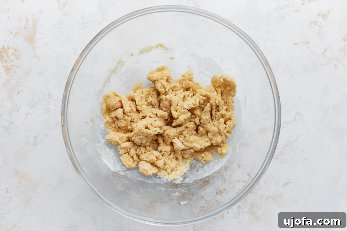 Foolproof Gluten-Free Pancakes 6 A glass bowl containing clumpy, dry gluten-free pancake mix before wet ingredients are added, sitting on a neutral countertop.