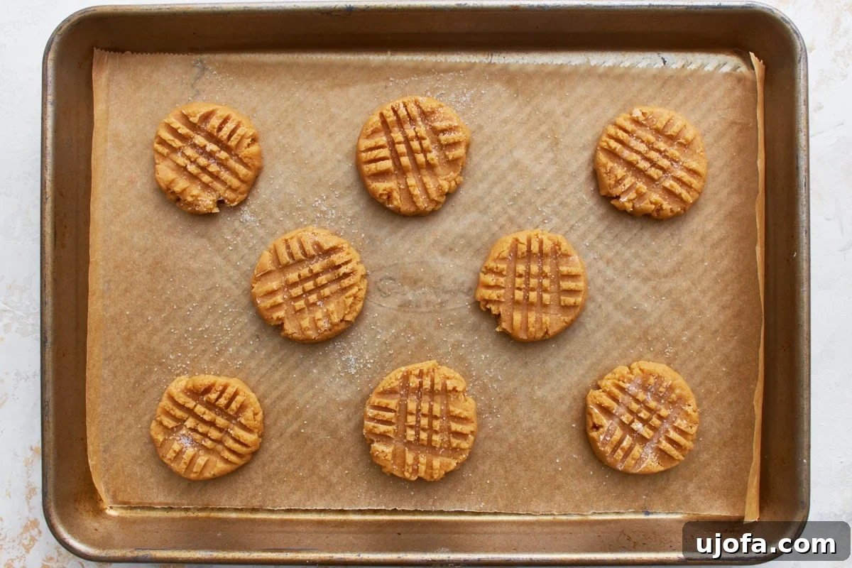Eight gluten-free peanut butter cookies with perfect fork patterns, sprinkled with sugar, arranged on a baking sheet.