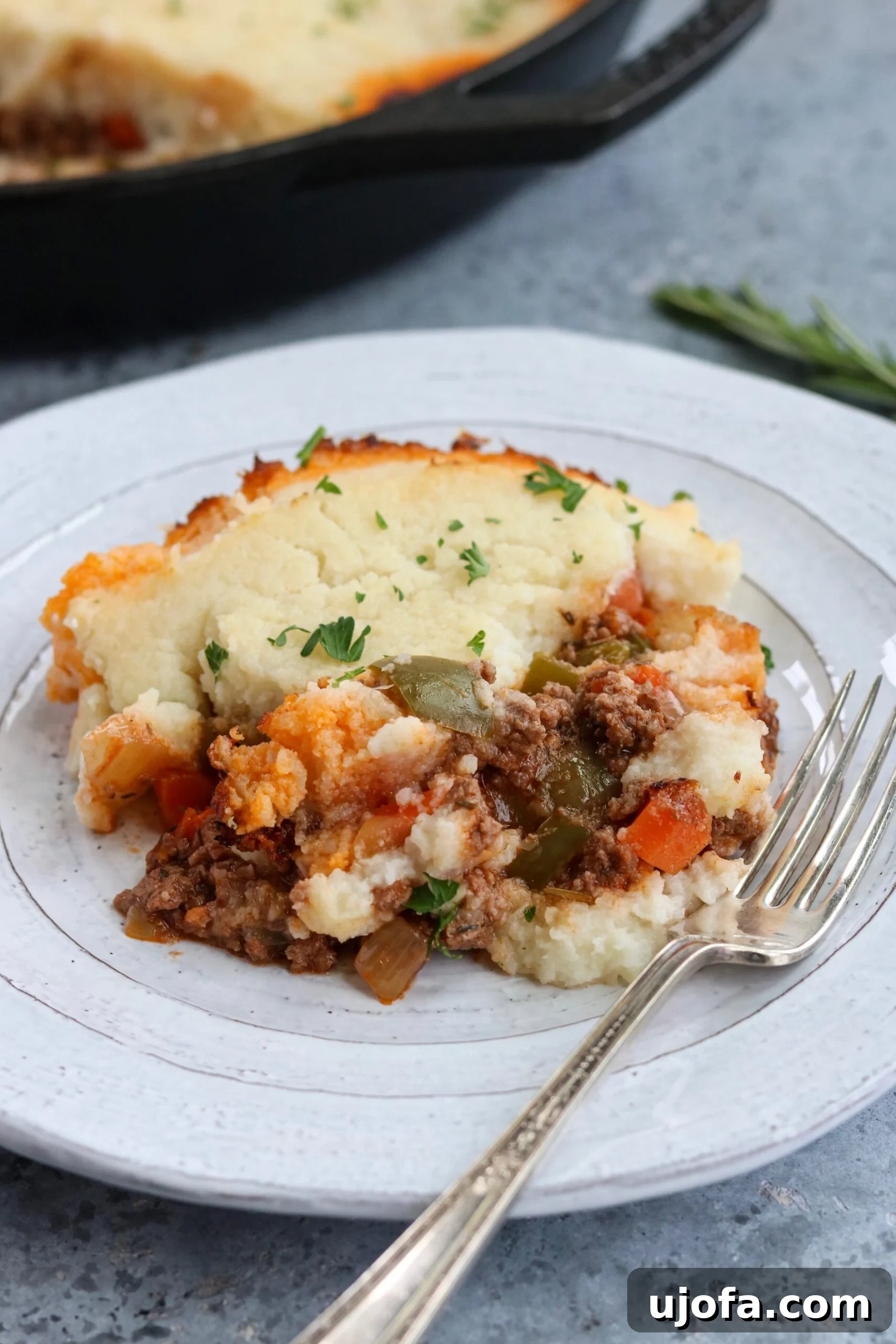 Whole30 + Keto Skillet Shepherd's Pie topped with cauliflower mash