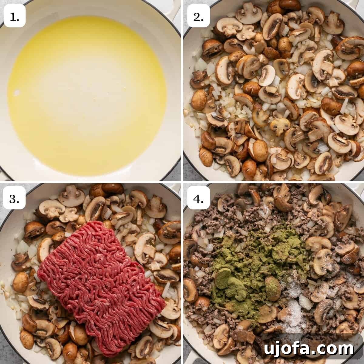 Four step-by-step photos illustrating the initial stages of preparing homemade Hamburger Helper Stroganoff.