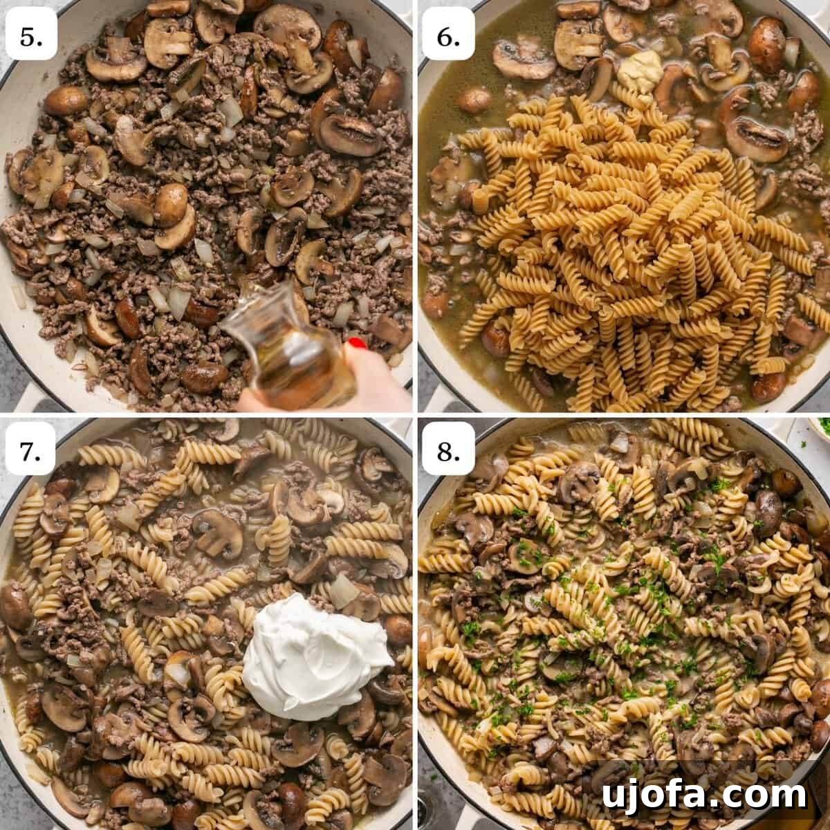 Four step-by-step photos illustrating the final stages of making ground beef stroganoff.