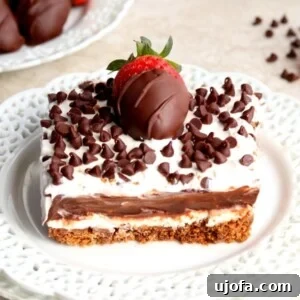 A slice of chocolate lasagna with chocolate covered strawberries and chocolate chips in the background, a perfect visual for the recipe.