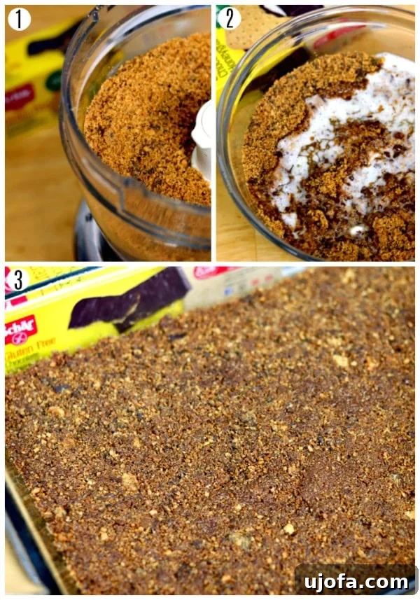 Heavenly Chocolate Layers 4 A collage of three images demonstrating the steps for making the crust of a chocolate lasagna: crushing cookies, mixing with butter, and pressing into a dish.