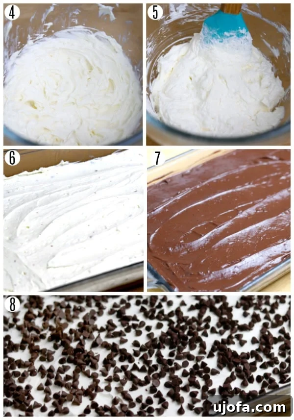 Heavenly Chocolate Layers 5 A collage of four images showing the preparation of cheesecake and pudding layers: whipping cream cheese, mixing ingredients, spreading cheesecake, and spreading pudding.