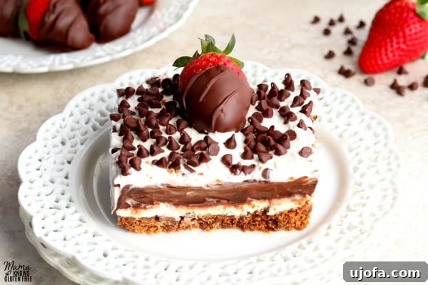 Heavenly Chocolate Layers 6 A close-up of a perfectly portioned slice of Chocolate Lasagna, showcasing its distinct layers, with chocolate-covered strawberries and fresh berries in the soft-focus background.