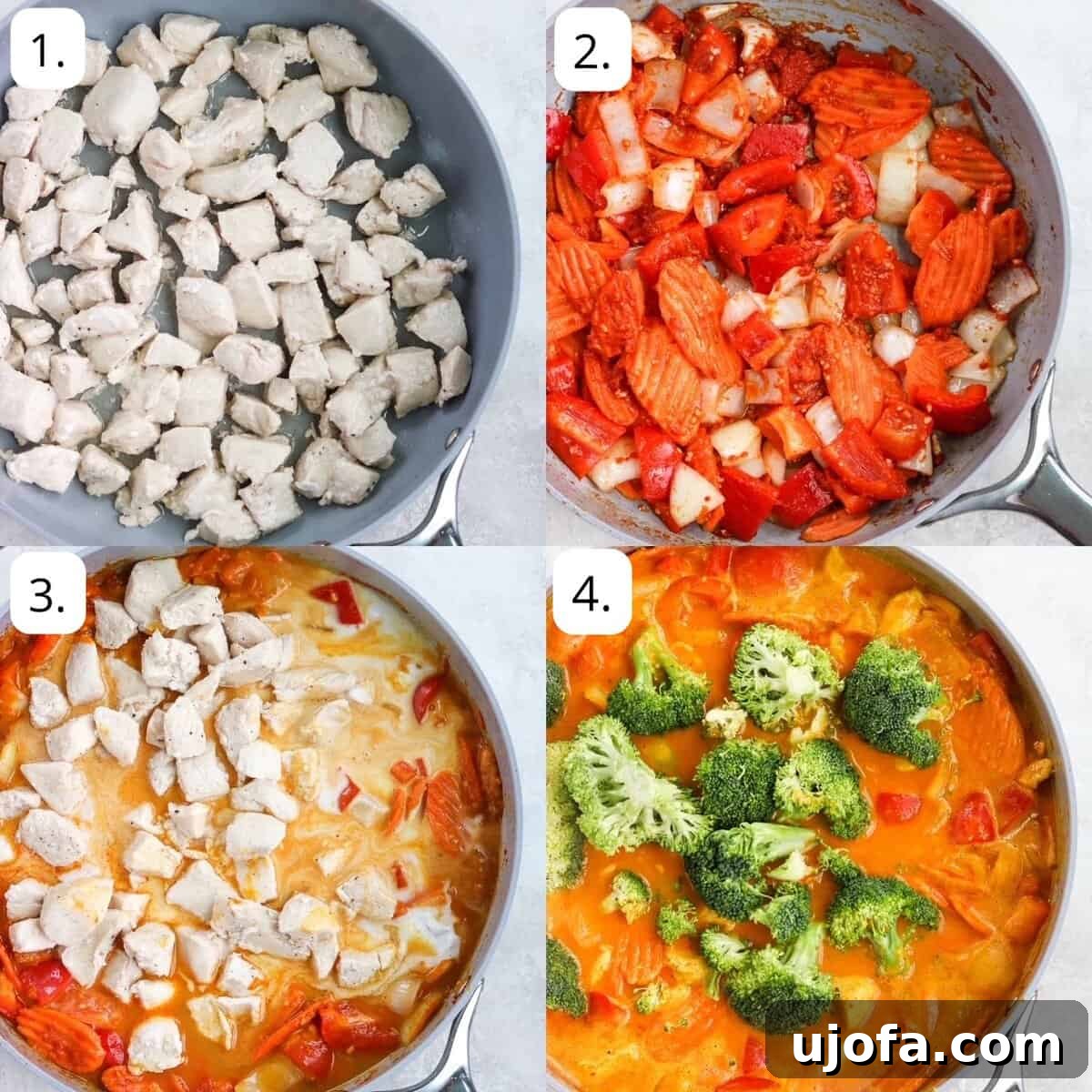 A four-panel image illustrating the main cooking stages of the Thai Pumpkin Chicken Curry recipe, from sautéing chicken to simmering the sauce.