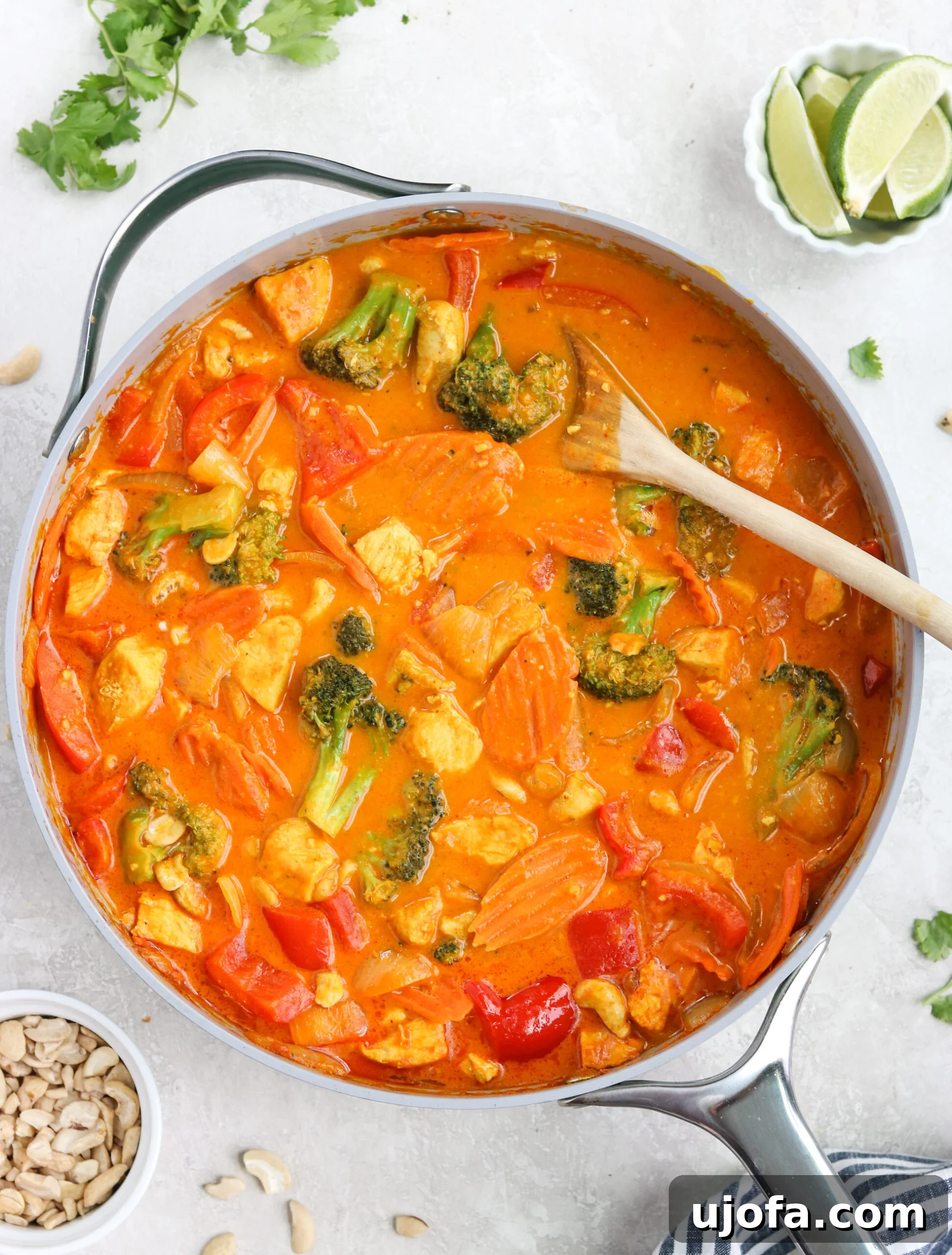 An inviting overhead shot of the finished Pumpkin Chicken Curry simmering in a gray skillet, with a wooden spoon resting in the rich, orange sauce, perfect for a cozy meal.