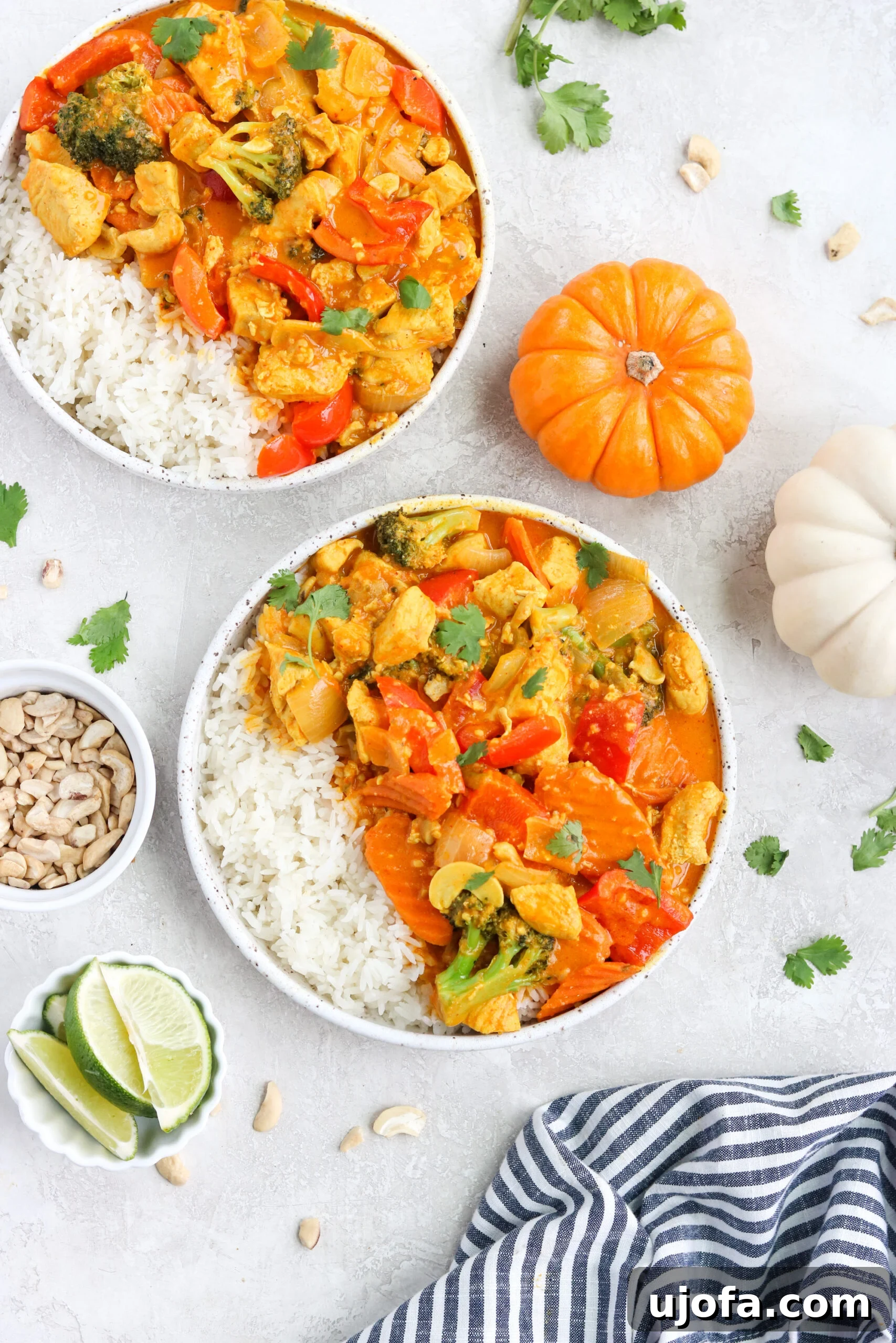 An inviting overhead shot of two bowls filled with delicious Thai Pumpkin Chicken Curry, served over fluffy white rice, ready to be enjoyed.