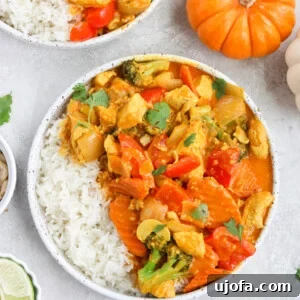 Paleo Pumpkin Curry in a white bowl, ready to be served