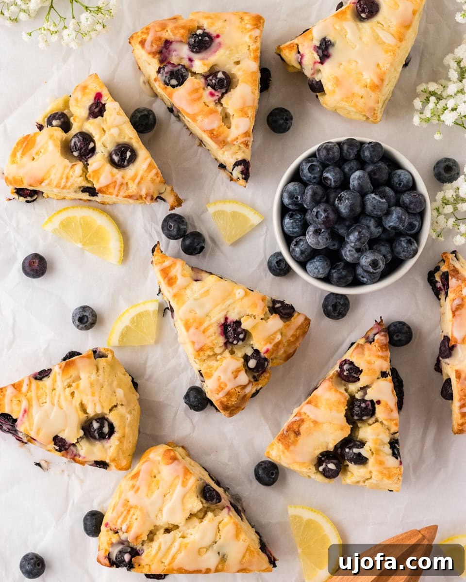 Blueberry Burst Gluten-Free Scones 2 A top-down view of freshly baked gluten-free blueberry scones on parchment paper, drizzled with lemon glaze, surrounded by fresh blueberries and lemon slices.