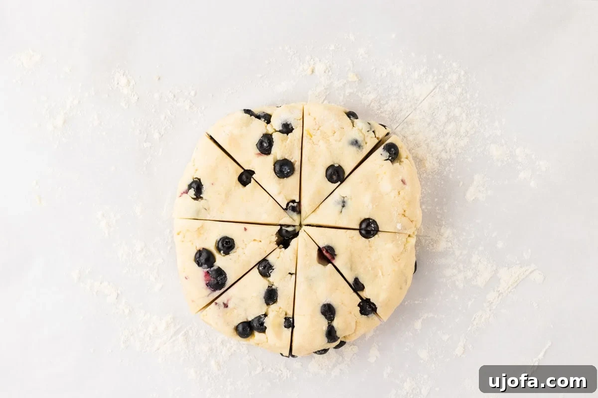 Blueberry Burst Gluten-Free Scones 14 The scone dough disk cut into eight equal triangular portions, ready for baking, with blueberries scattered throughout.