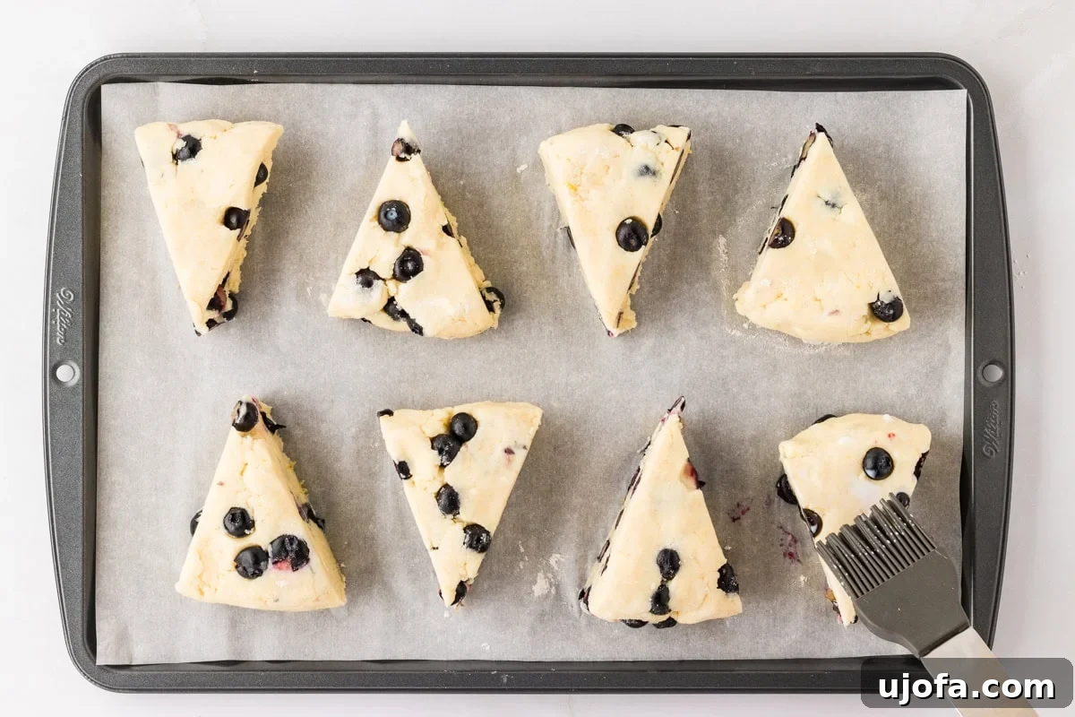 Blueberry Burst Gluten-Free Scones 15 Triangular gluten-free scone dough pieces arranged on a parchment-lined baking tray, brushed with a light coat of glaze using a silicone brush.