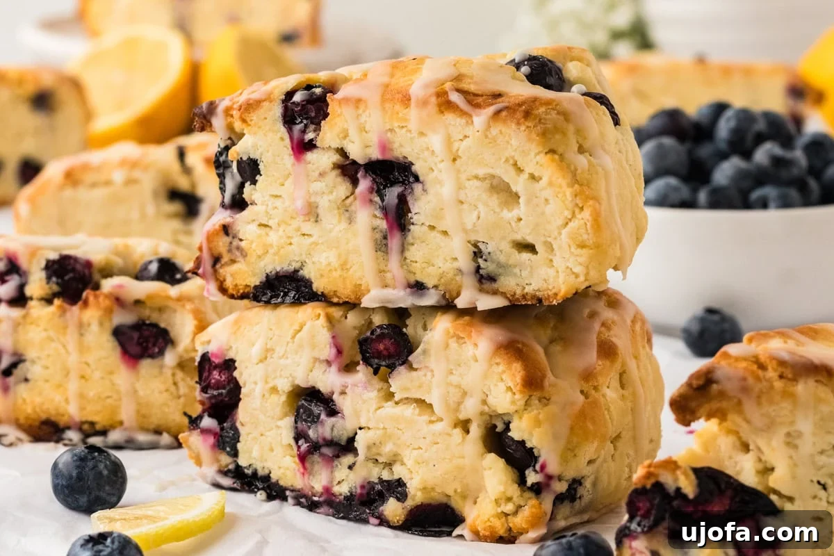 Blueberry Burst Gluten-Free Scones 19 A close-up of stacked gluten-free blueberry scones with a golden crust, showcasing their soft interior, juicy blueberries, and a generous drizzle of lemon glaze.