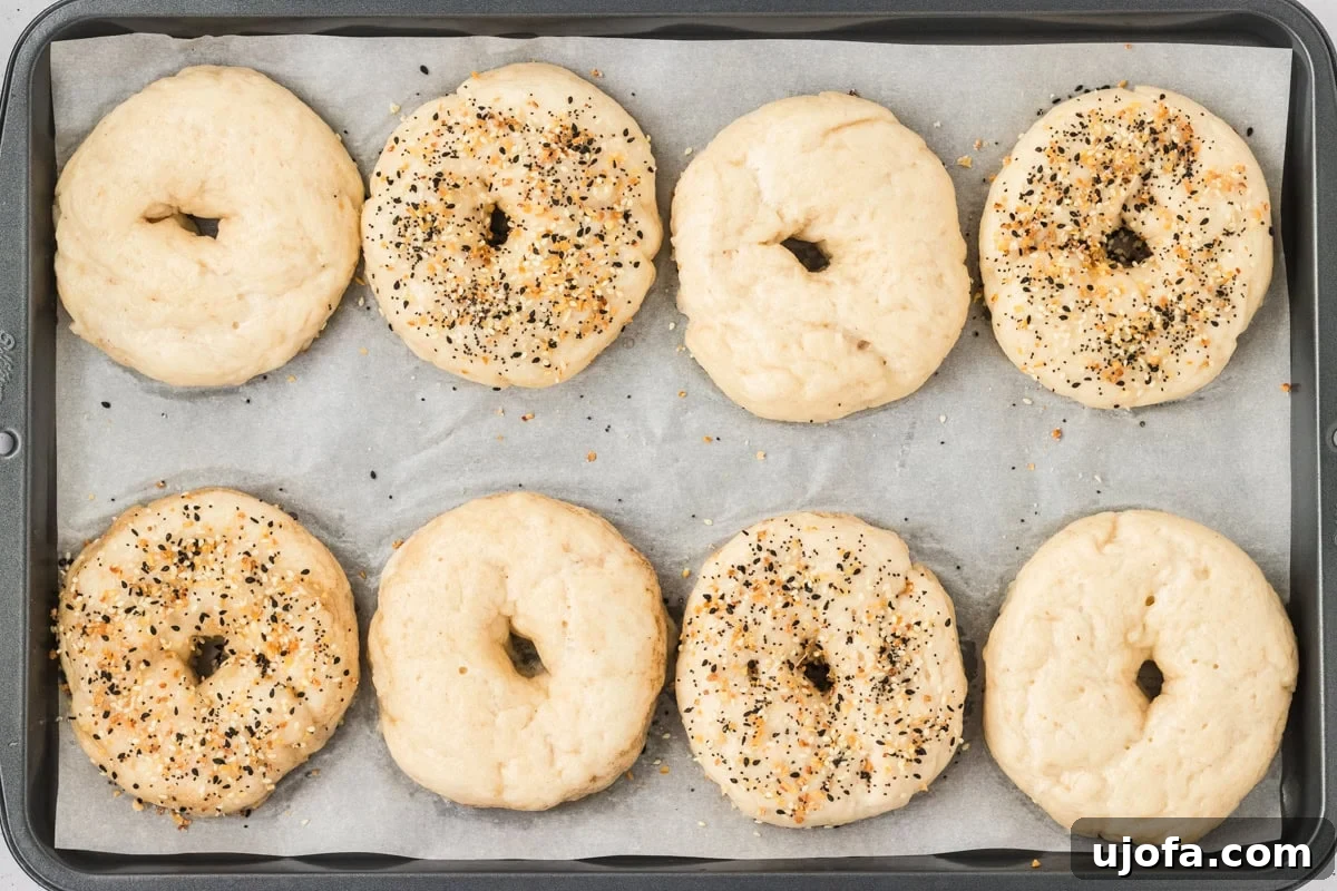 Unbaked gluten-free bagels on a parchment-lined baking sheet, some topped with everything seasoning and others plain, ready to go in the oven.