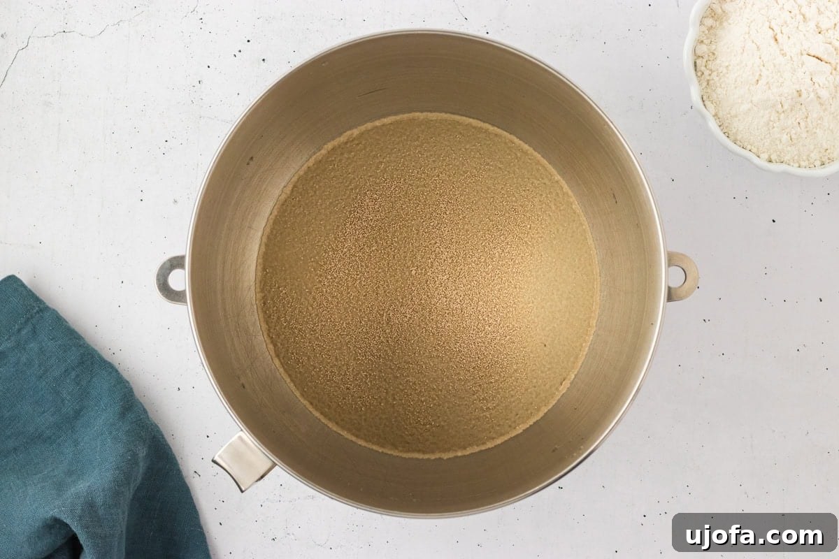 Overhead view of a mixing bowl filled with warm water and dry yeast before activation, ready for stirring.
