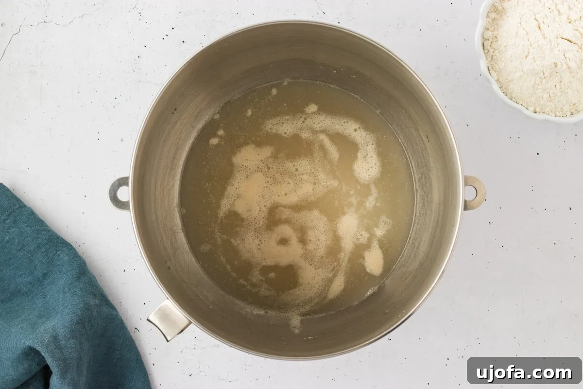 Activated yeast mixture in a mixing bowl, showing bubbles and foam on the surface after sitting for 5 minutes.