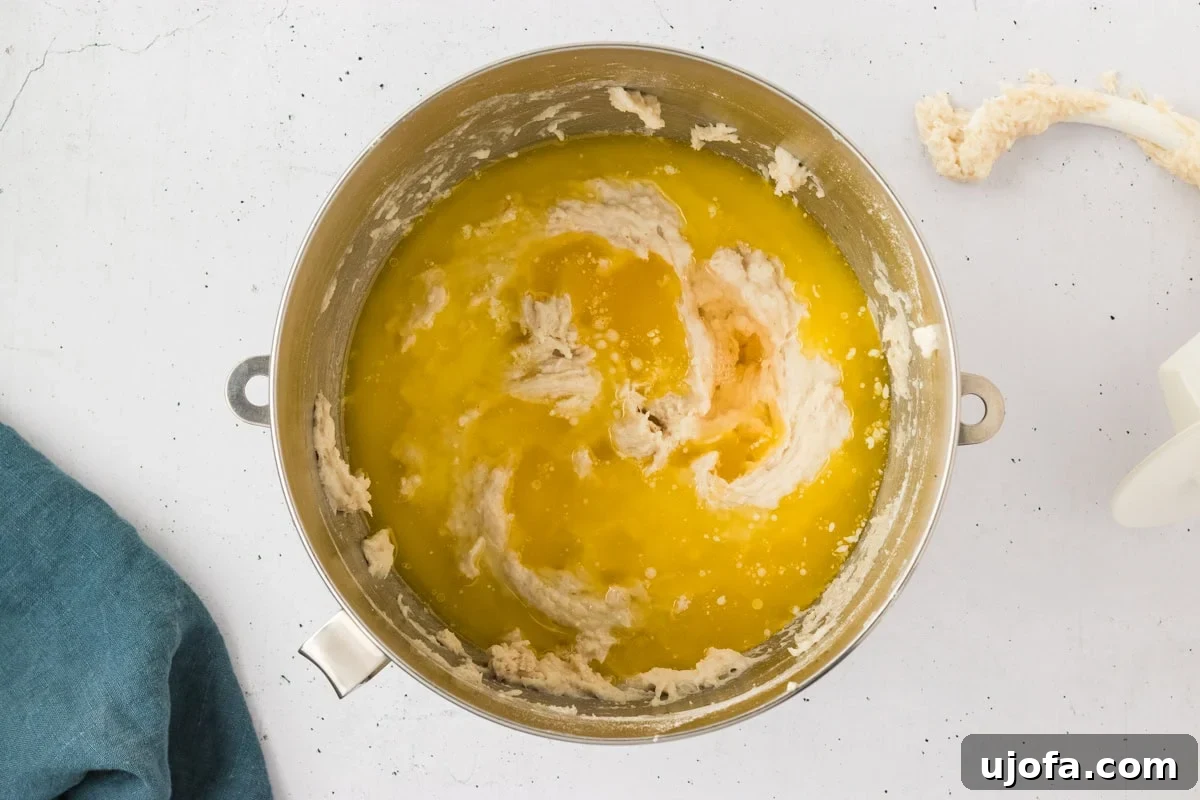 Partially mixed gluten-free dough with melted butter and apple cider vinegar just added, ready to be blended.