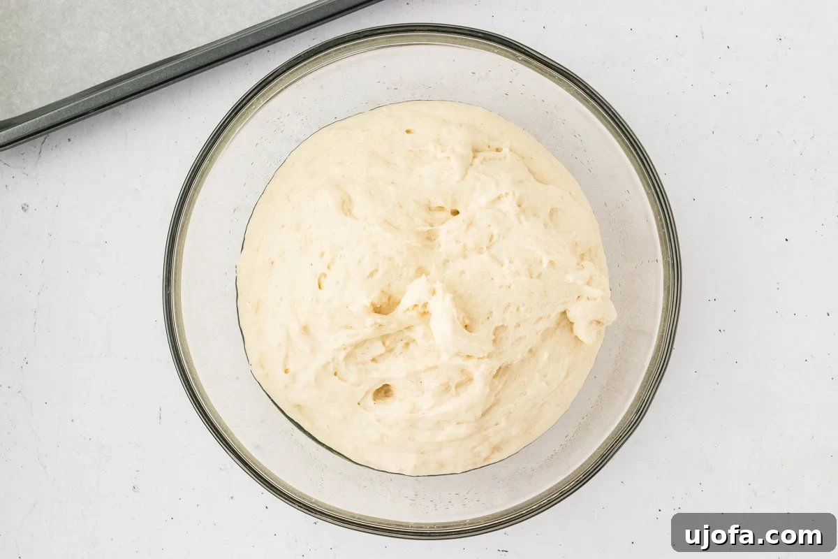 Risen gluten-free bagel dough in a glass bowl after proofing, soft and airy in texture.