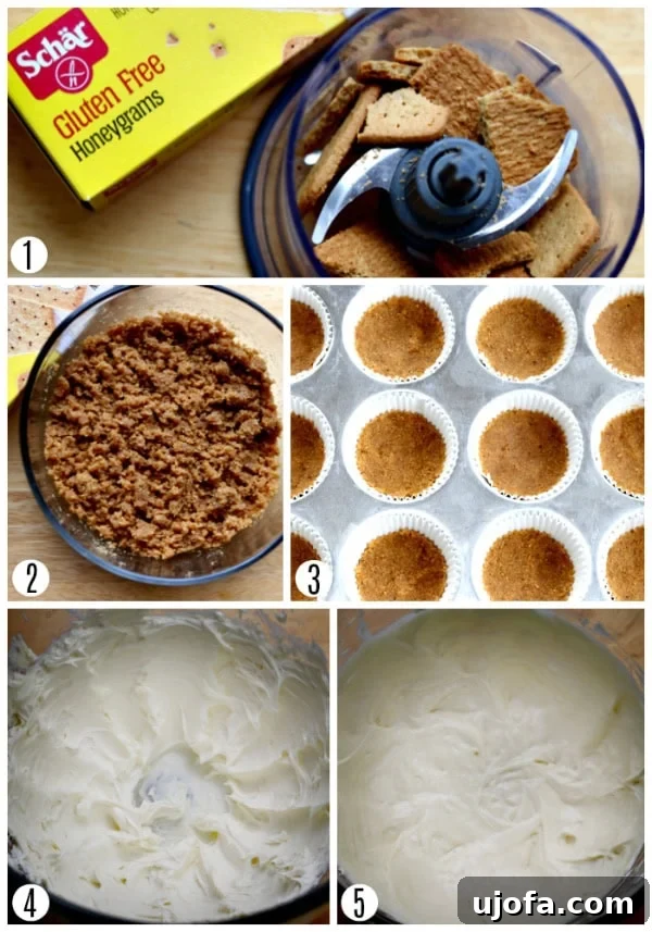 Guilt-Free Mini Cheesecake Bites 4 A photo collage showing the first five steps of making gluten-free mini cheesecakes, including gathering ingredients, mixing the crust, pressing it into liners, preparing the cream cheese filling, and combining the wet ingredients until smooth.