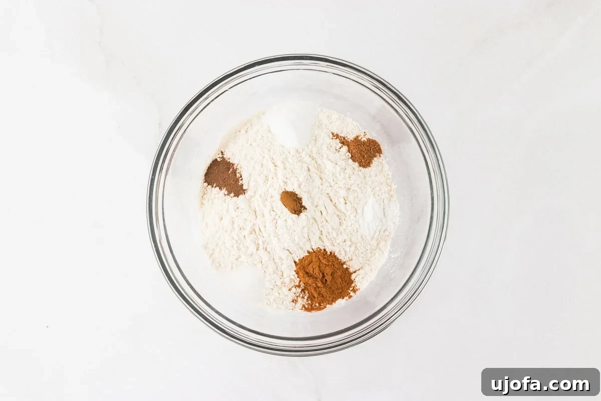 A mixing bowl with dry ingredients including gluten-free flour, cinnamon, nutmeg, and baking soda, ready to be combined.