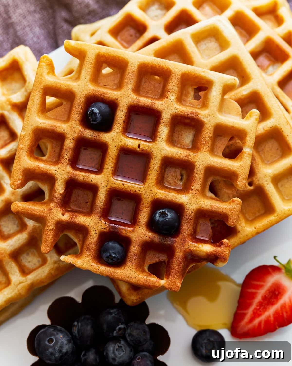 overhead view of a stack of gluten-free waffles with syrup and blueberries.
