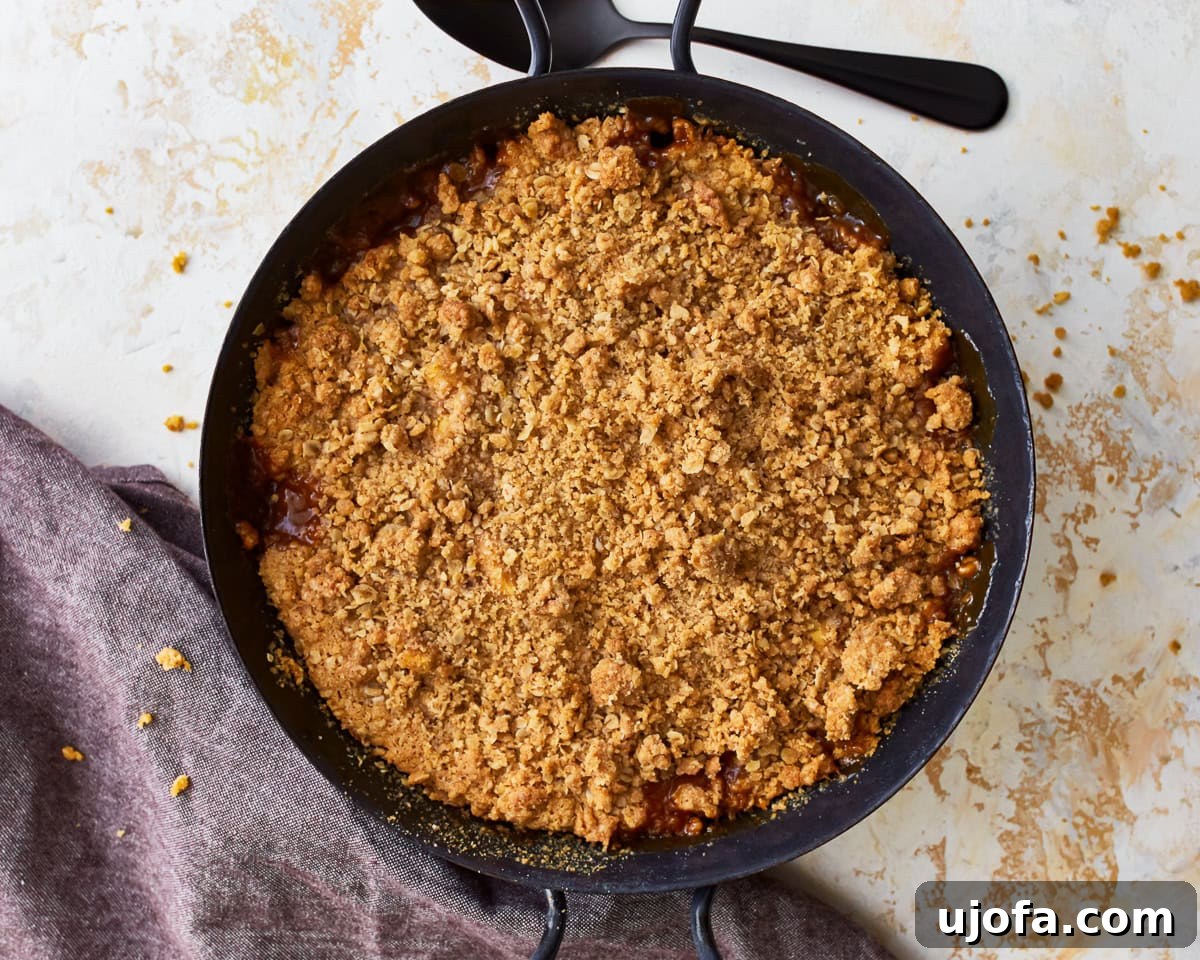 A baked gluten-free apple crisp in a glass baking dish, golden brown and bubbly, just out of the oven.