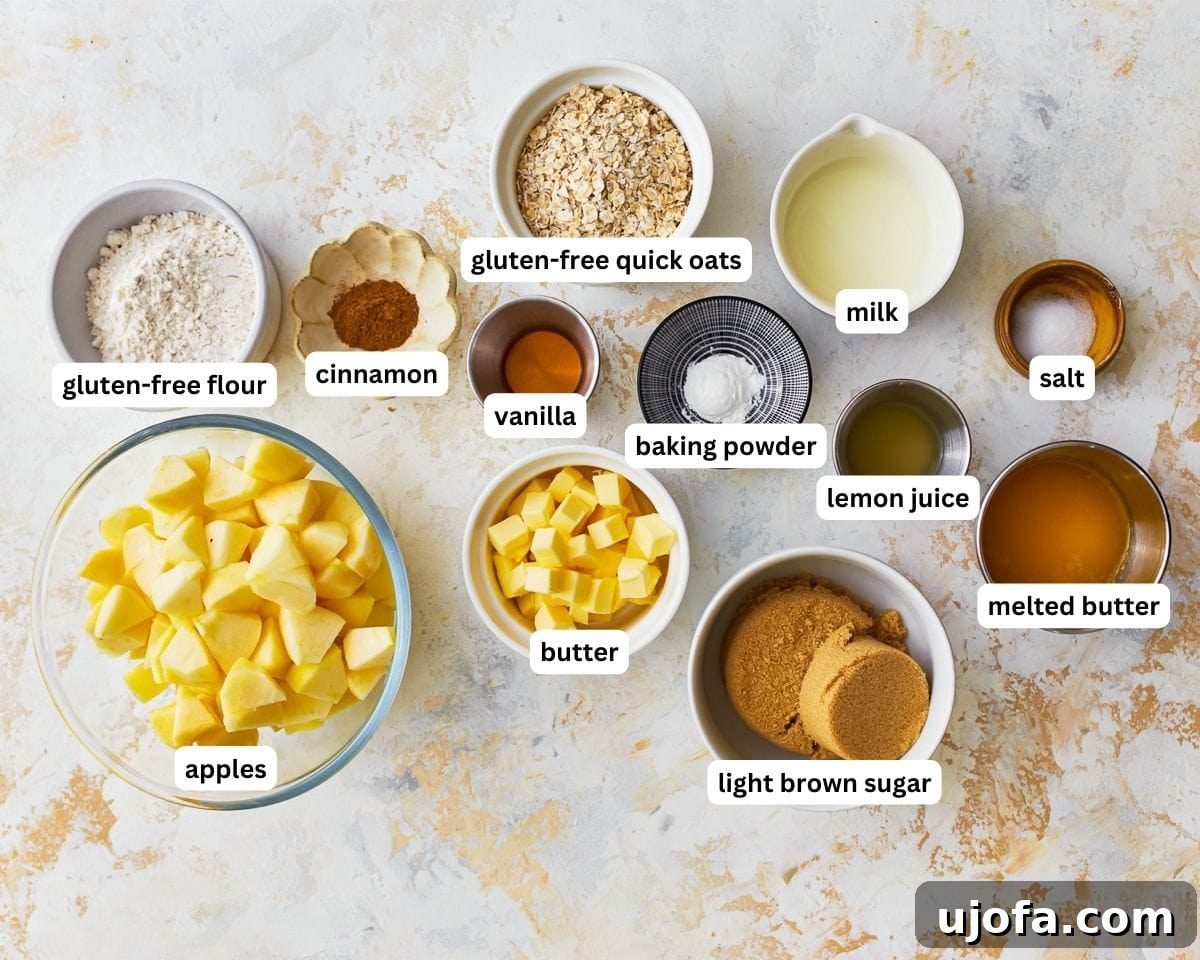 Various ingredients for gluten-free apple crisp laid out on a wooden board, including fresh apples, flour, oats, sugar, and spices.