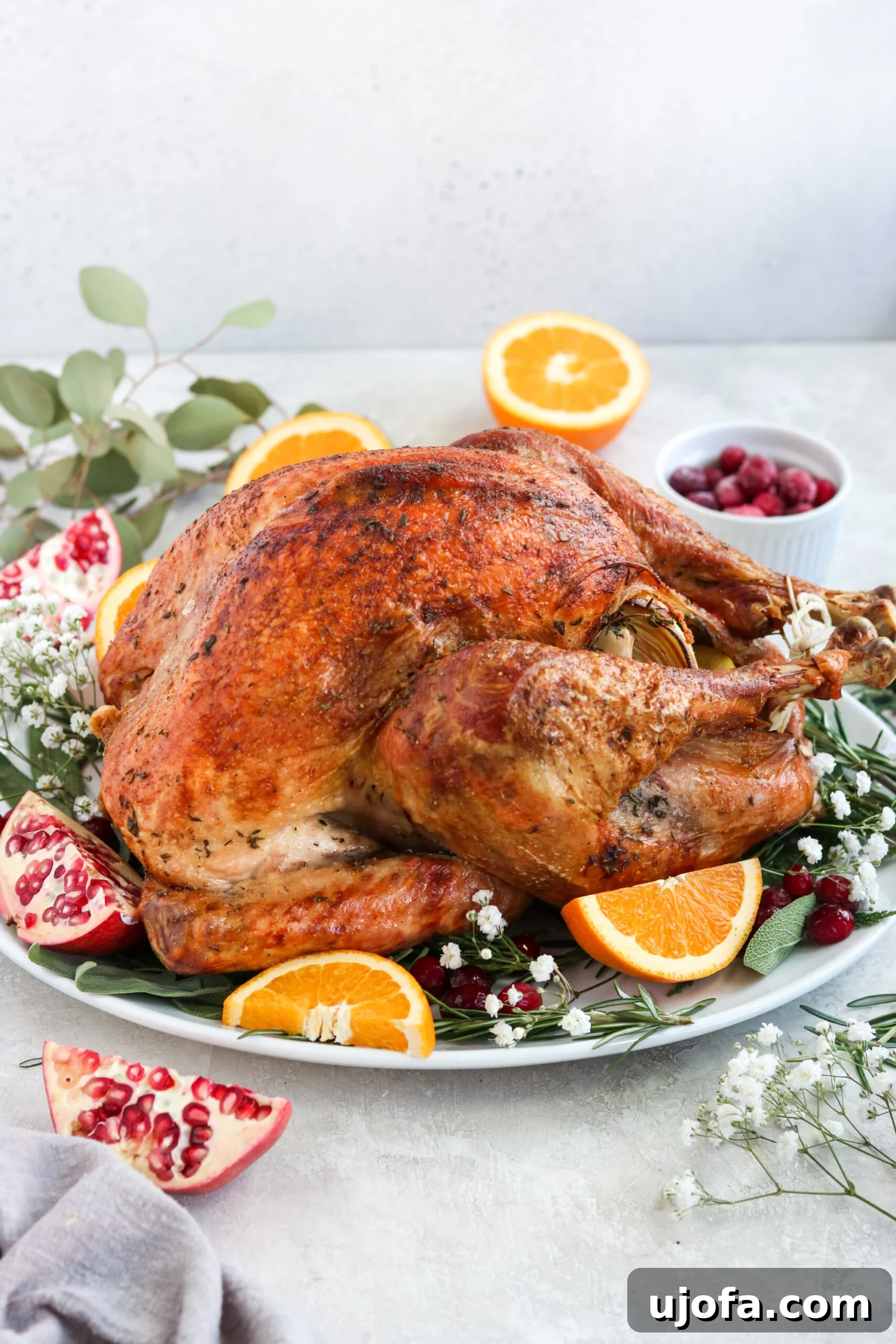 Effortless Paleo Turkey Roast 4 a roasted turkey on a plate before being cut.