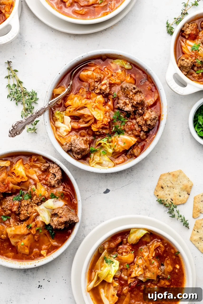 Easy Instant Pot Cabbage Roll Soup 2 Three steaming bowls of Instant Pot Unstuffed Cabbage Soup, garnished with fresh parsley and served with a side of gluten-free crackers, set on a rustic wooden table.