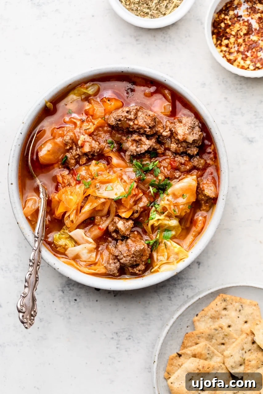 Easy Instant Pot Cabbage Roll Soup 4 A perfectly portioned bowl of Instant Pot Unstuffed Cabbage Soup, garnished with fresh herbs, alongside a small plate of crispy crackers, capturing a cozy mealtime ambiance.