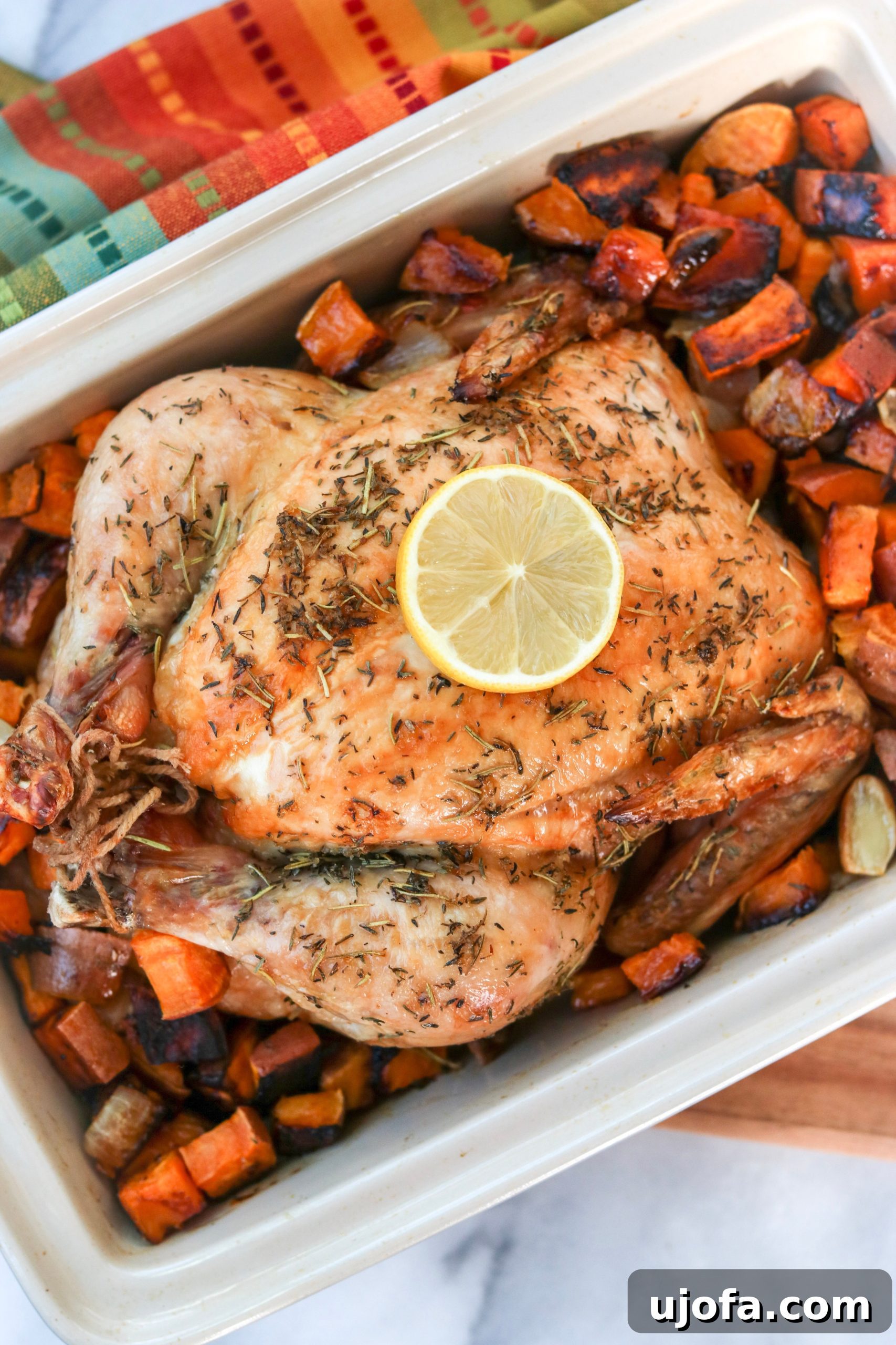 Perfectly roasted whole chicken with crispy golden-brown skin, surrounded by vibrant roasted root vegetables in a baking dish.