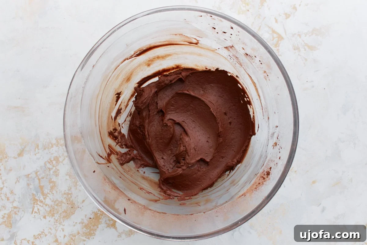 Guilt-Free Chocolate Indulgence 15 Rich chocolate frosting beginning to come together, with dark cocoa swirled into the butter mixture.