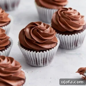 Guilt-Free Chocolate Indulgence 3 Close-up of several gluten-free chocolate cupcakes topped with swirled chocolate buttercream frosting in white cupcake liners on a white background.