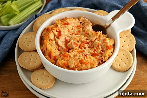 close up of baked buffalo chicken dip with melted cheese