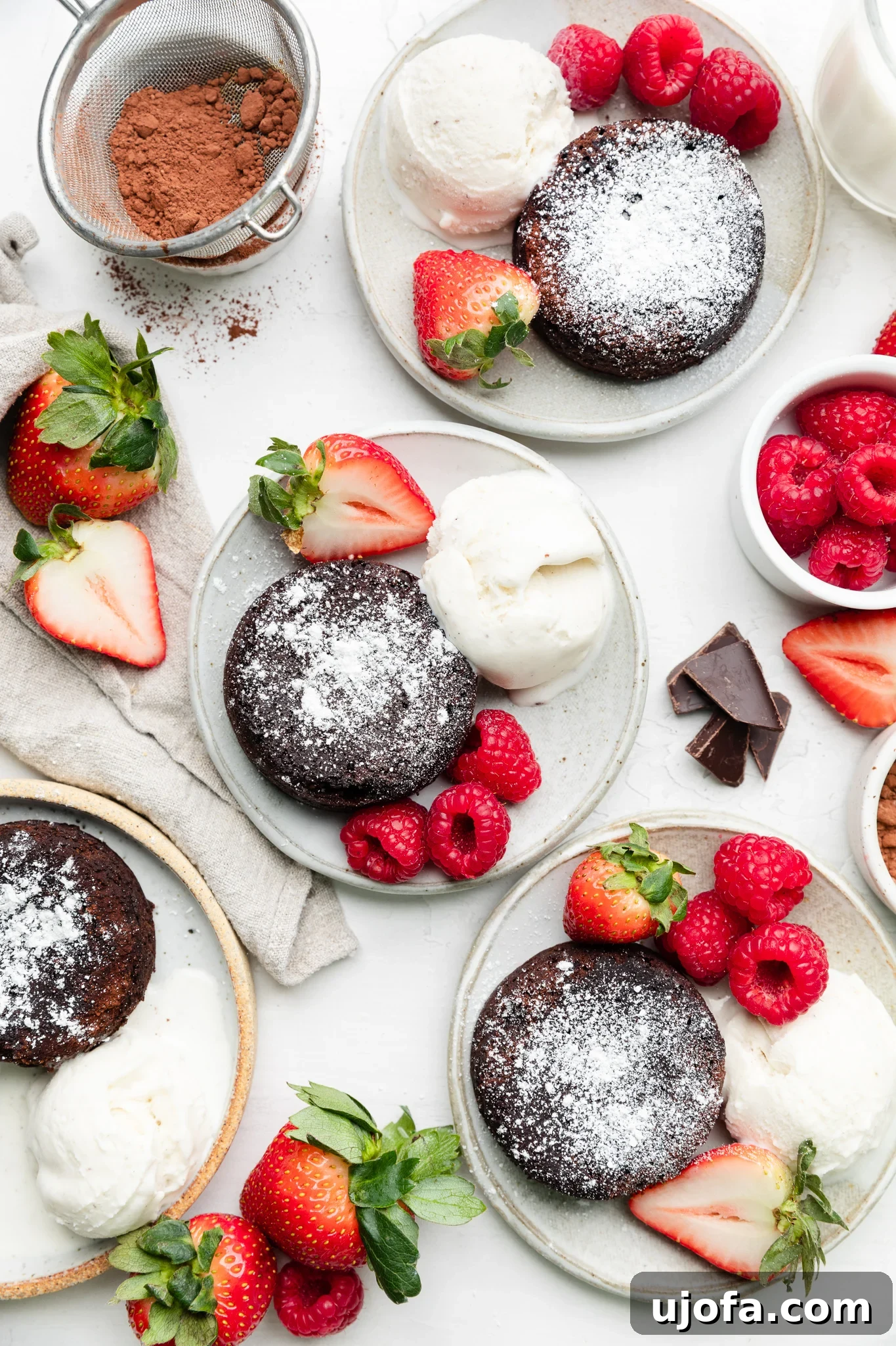 Gluten Free Molten Chocolate Lava Bites 7 Four mini chocolate lava cakes, each on a separate plate, garnished with raspberries, strawberries, and vanilla ice cream, ready to be served.