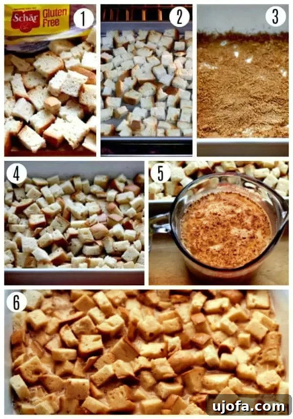 Autumn Spice Gluten-Free Pumpkin French Toast Bake 4 Visual steps 1-6 for making gluten-free pumpkin French toast casserole, including cubing bread, toasting, mixing cinnamon-sugar, layering, and preparing the egg custard.