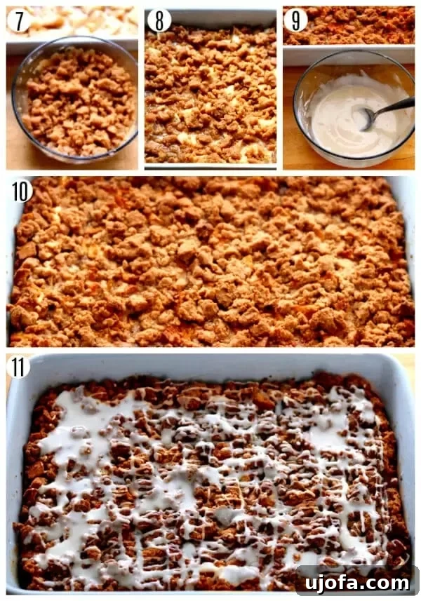 Autumn Spice Gluten-Free Pumpkin French Toast Bake 5 Visual steps 7-11 for making gluten-free pumpkin French toast casserole, including mixing crumb topping, topping casserole, making glaze, baking, and serving.