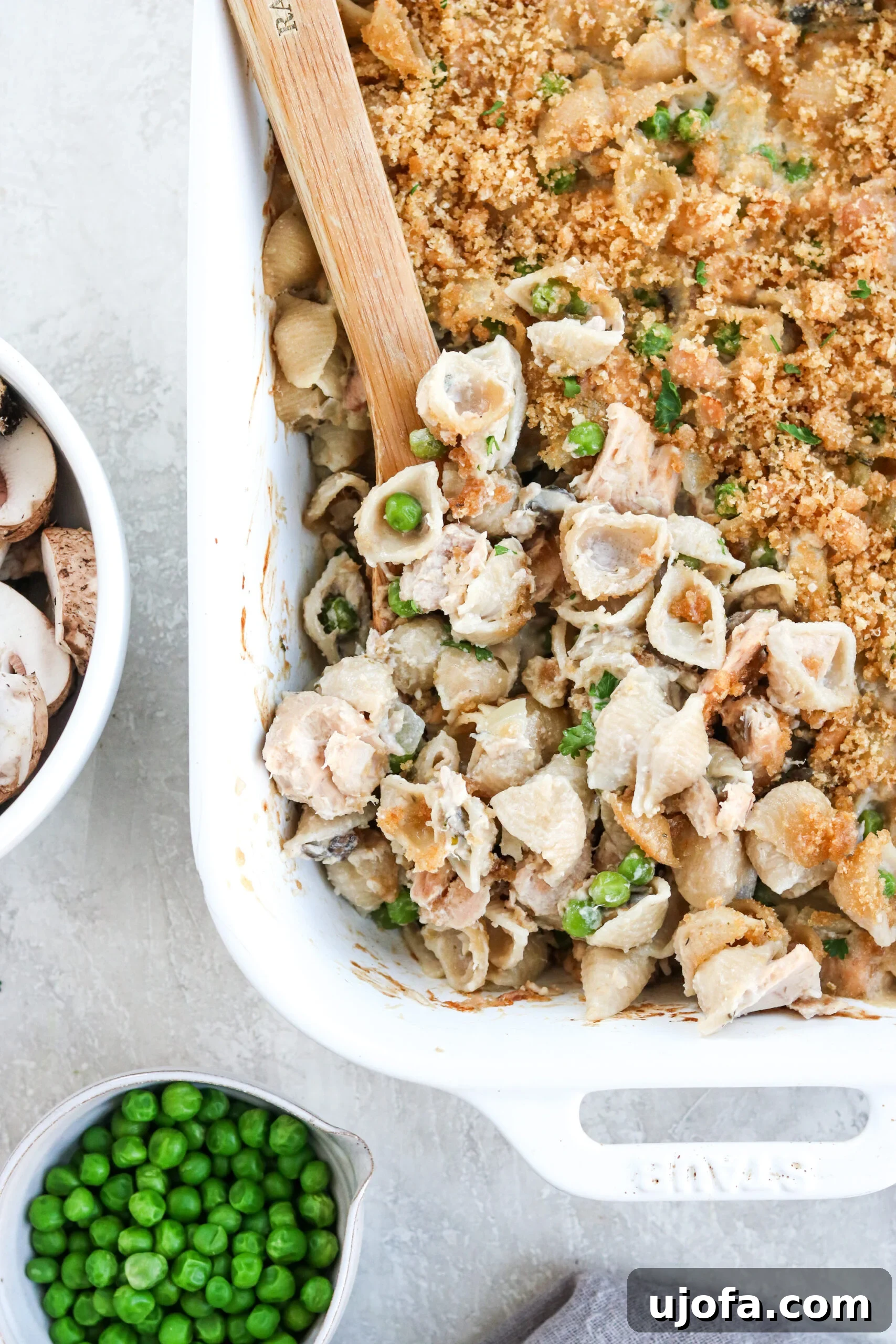 Gluten Free Tuna Noodle Casserole with peas and mushrooms