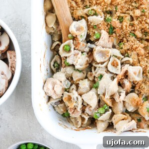 Gluten Free Tuna Noodle Casserole with peas and mushrooms