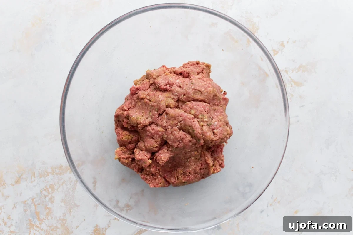 A mixing bowl with raw gluten-free meatloaf mixture, fully combined and ready for shaping.