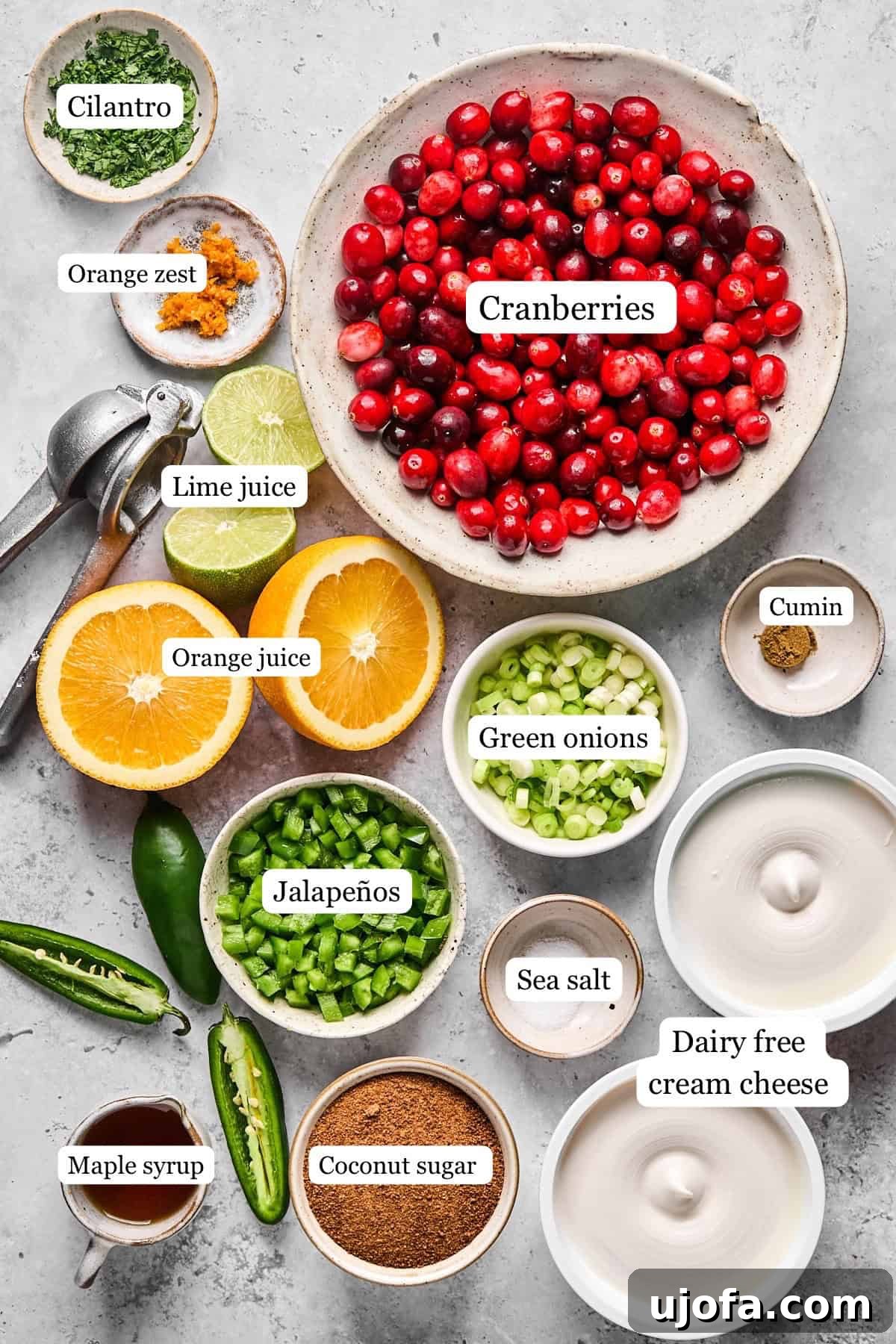 Effortless Dairy Free Cranberry Jalapeno Dip 3 ingredients for making dairy free cranberry jalapeno cream cheese dip in nesting bowls