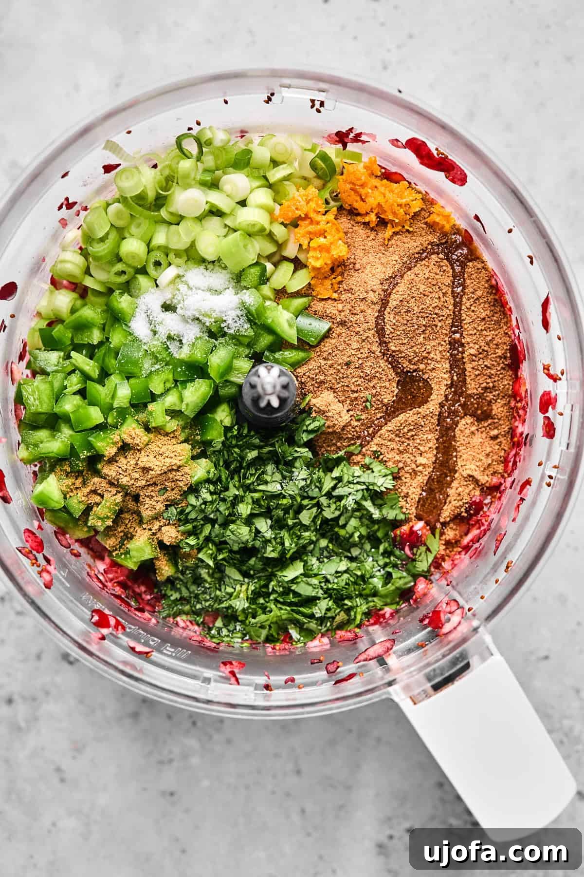 Effortless Dairy Free Cranberry Jalapeno Dip 6 ingredients for cranberry jalapeno dip in a food processor