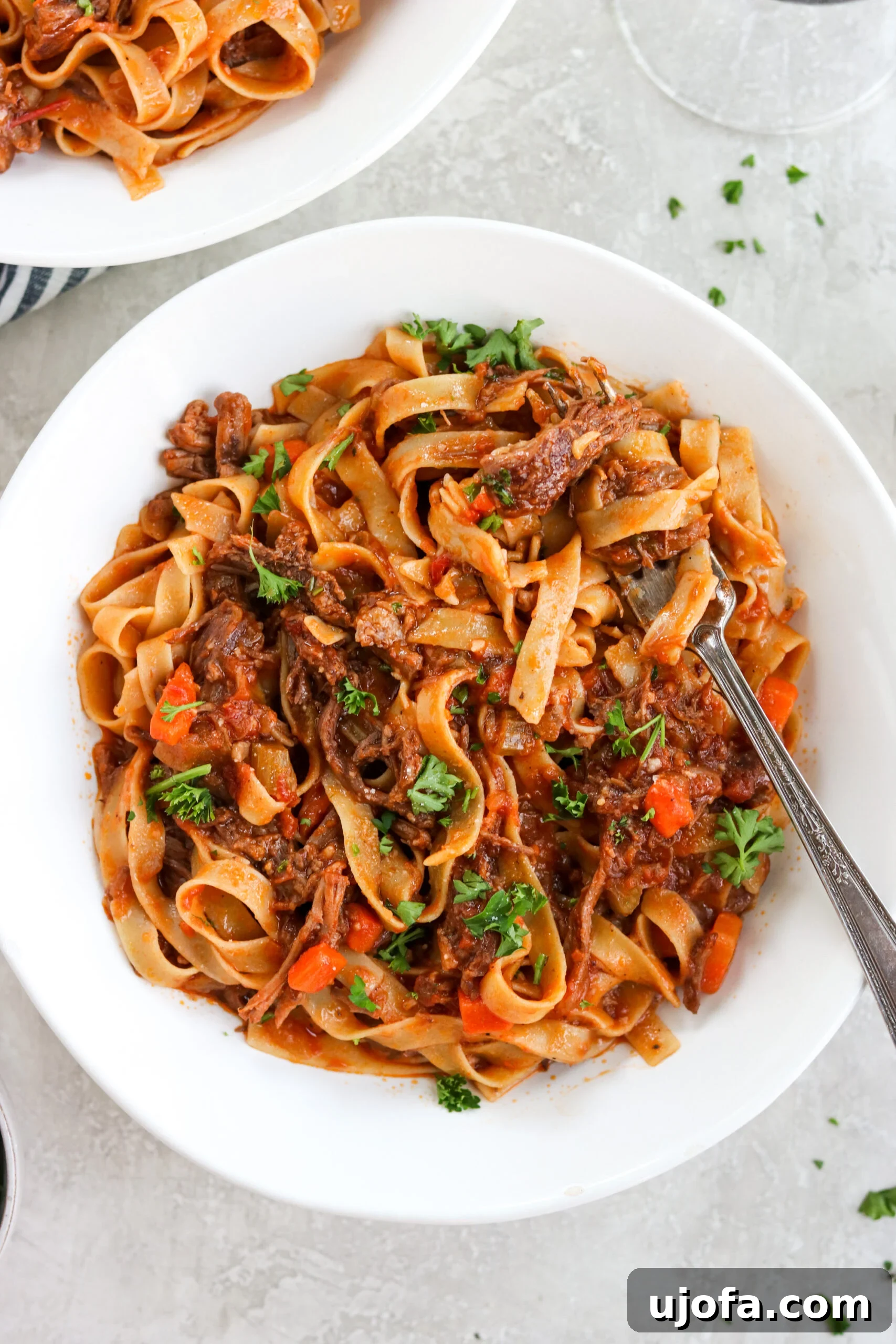 A serving of tender beef short rib ragu with fresh parsley in a white bowl, ready to be enjoyed.