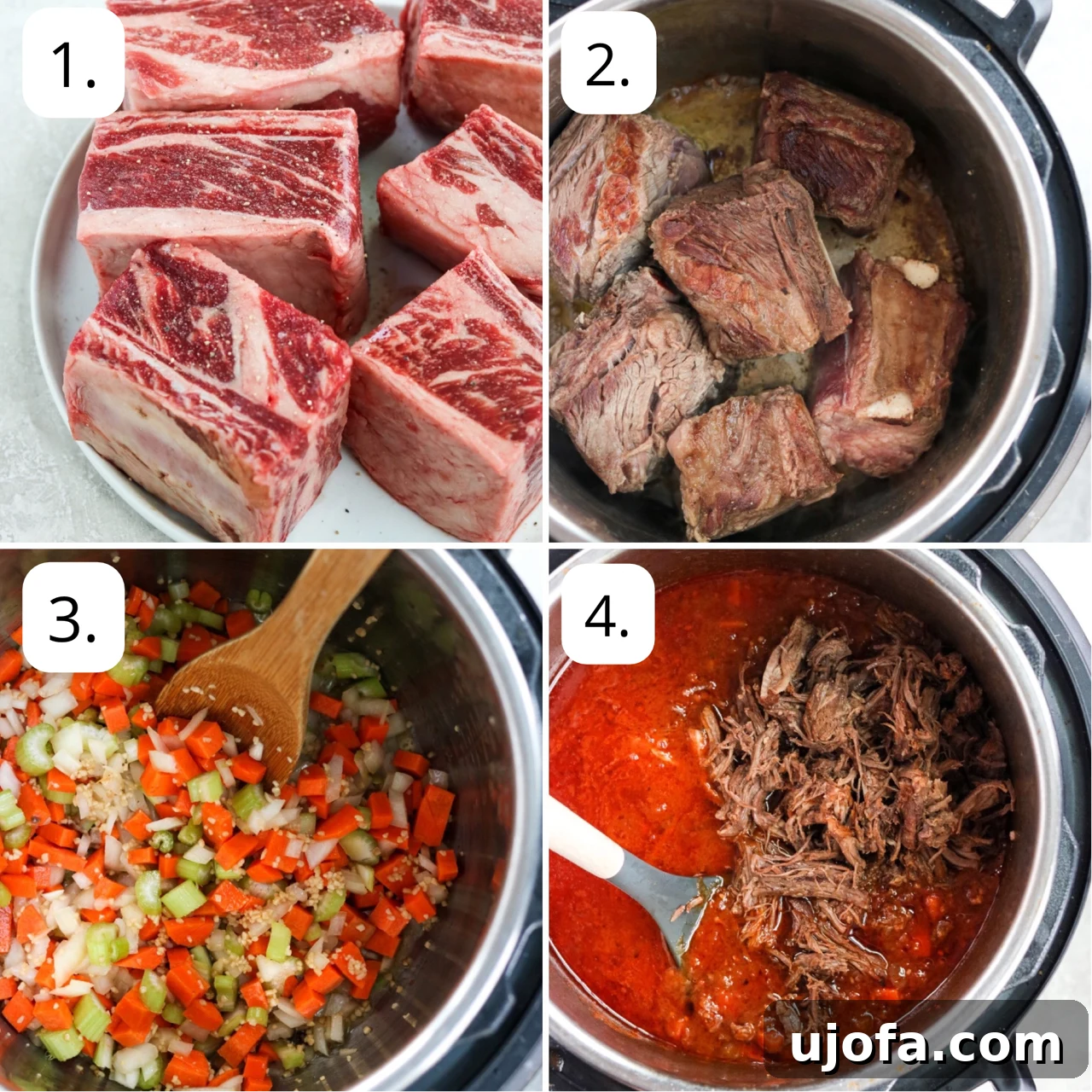 A four-panel collage demonstrating the step-by-step process of making Instant Pot short rib ragu, from searing to final shredded meat.