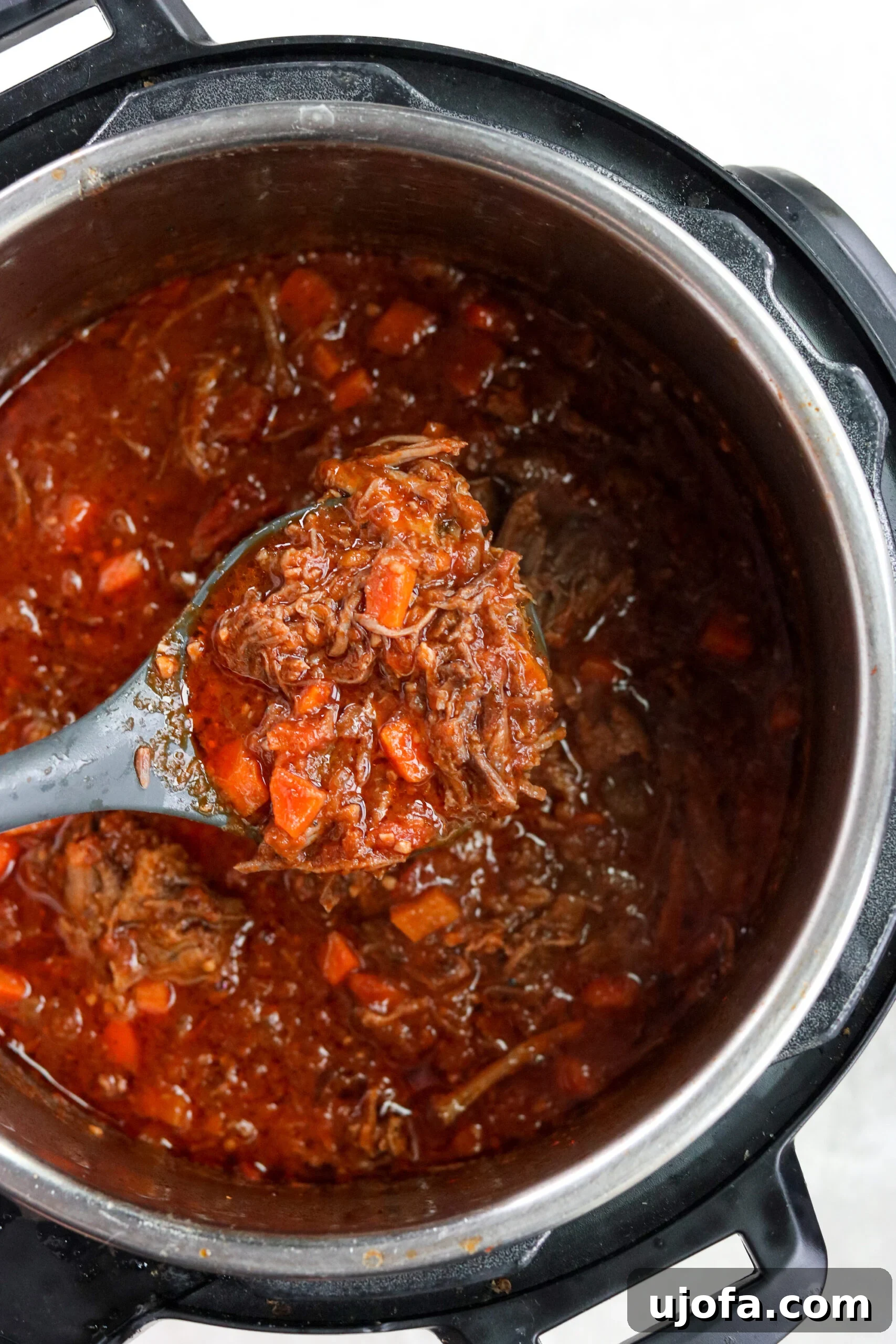 Close-up of the finished short rib ragu simmering in the Instant Pot, with a spoon ready to serve.