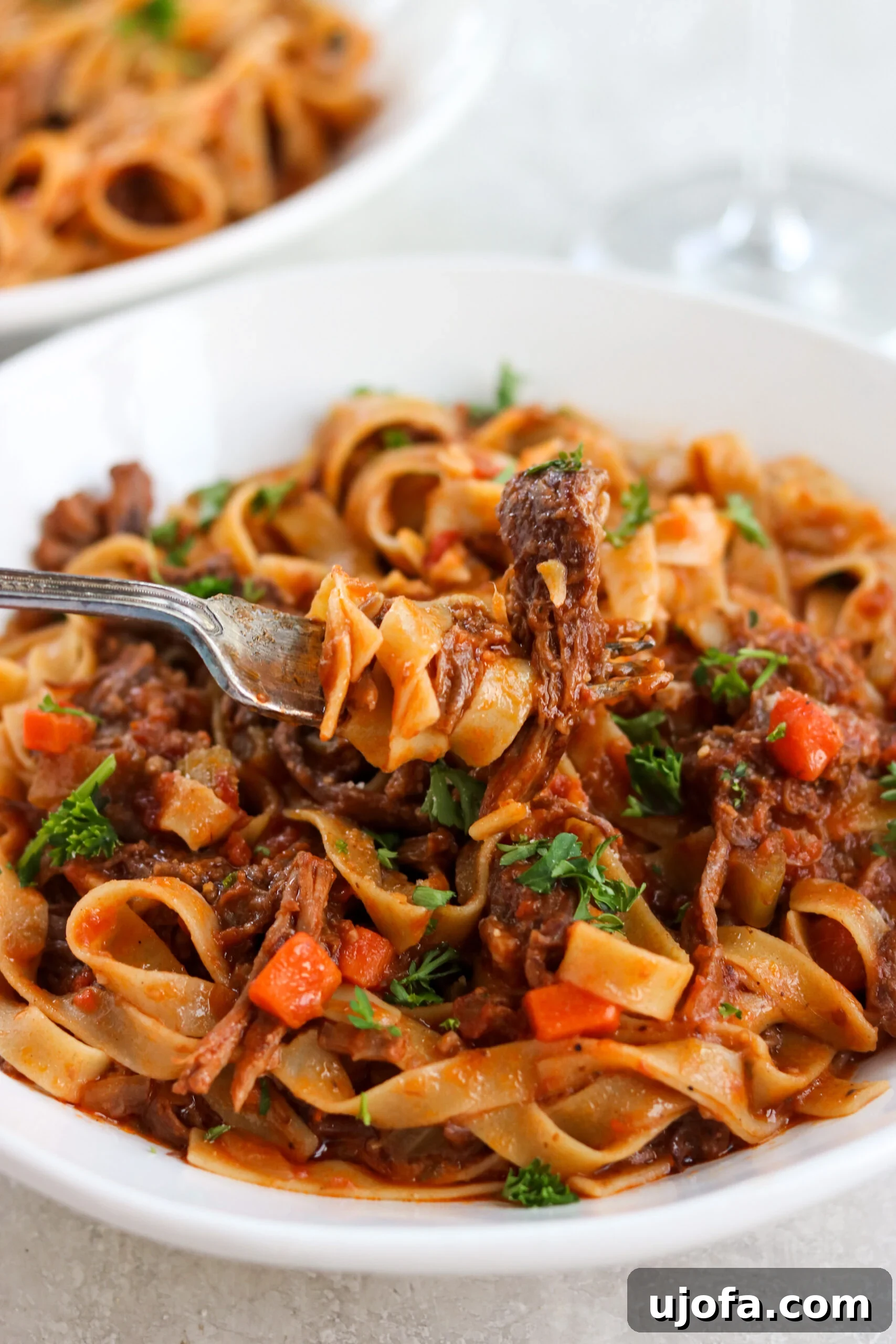 A fork lifts a generous portion of short rib ragu and gluten-free tagliatelle from a white bowl, garnished with fresh parsley.